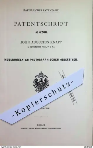 original Patent - John Augustus Knapp , Cincinnati , Ohio , USA | 1878 | photographisches Objektiv | Linse , Kamera !!