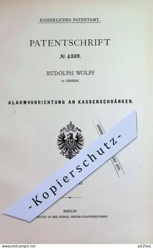 original Patent - Rudolph Wolff , Giessen | 1878 | Alarmvorrichtung an Kassenschrank | Tresor , Safe , Geldschrank !!