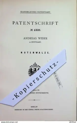 original Patent - Andreas Wider , Stuttgart | 1877 | Notenwalze | Noten Walze | Note , Musik Musiker , Musikinstrumente