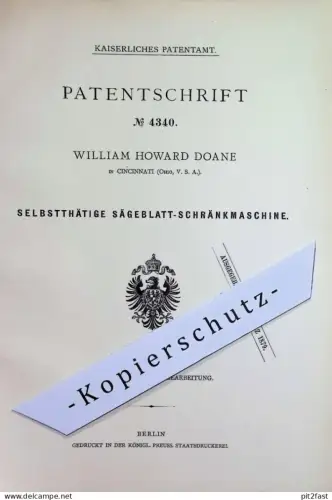 original Patent - William Howard Doane , Cincinnati Ohio , USA | 1878 | Sägeblatt - Schränkmaschine | Säge Sägen Metall