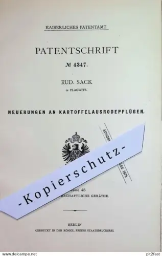 original Patent - Rud. Sack , Plagwitz | 1878 | Kartoffelausrodepflug | Kartoffel - Pflug | Pflügen , Landwirtschaft
