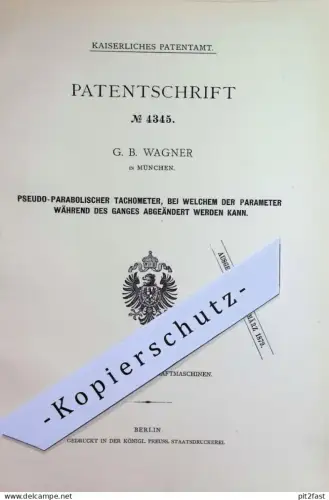 original Patent - G. B. Wagner , München | 1878 | Pseudo-parabolischer Tachometer | Oldtimer , Automobil , Tacho !