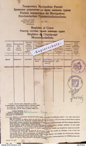 Fahrterlaubnisschein / Ausweis für Schiffe , 1948 , Kapitän Waldemar Bauer , Fischerei Kiel , Schiff , Fischer !