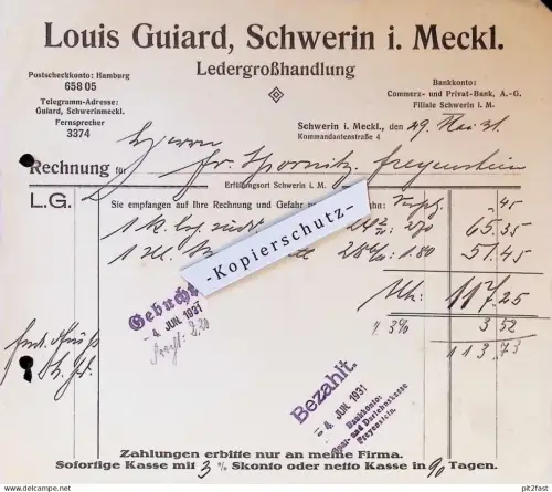 Leder-Großhandlung Louis Guiard in Schwerin i. Mecklenburg ,1931 , alte Rechnung !