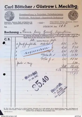 Peitschen und Rohrbast - Carl Böttcher in Güstrow i. Mecklenburg , 1940 , alte Rechnung !