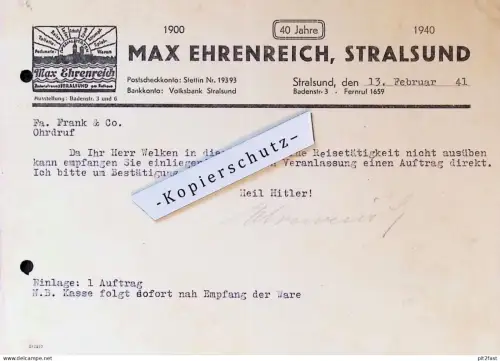 Max Ehrenreich in Stralsund i. Mecklenburg , 1941 , Drogerie , Rechnung / Dokument