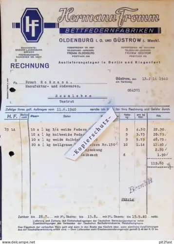Bettfedernfabrik - Hermann Fromm in Güstrow i. Mecklenburg , 1940 , Oldenburg , Roßmann Rossleben , Rechnung / Dokument