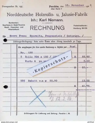 Jalusie-Fabrik Karl Niemann in Parchim i. Mecklenburg , 1925 , Franz Spornitz in Freyenstein , alte Rechnung / Dokument