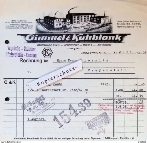 Möbelstoffe - Gimmel & Kuhblank in Parchim i. Mecklenburg , 1939 , Teppiche , alte Rechnung / Dokument !!