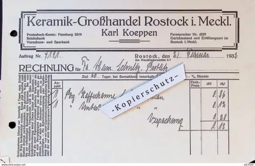 Keramik-Großhandel Karl Koeppen in Rostock i. Mecklenburg , 1932 , alte Rechnung / Dokument !!