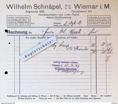 Likör-Fabrik Wilhelm Schnäpel in Wismar i. Mecklenburg , 1927 , Branntwein , alte Rechnung / Dokument !!