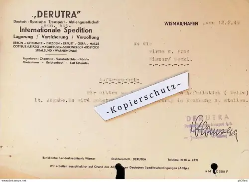 DERUTRA - Deutsch-Russische AG - Spedition in Wismar / Hafen , 1949 , altes Dokument / Rechnung !