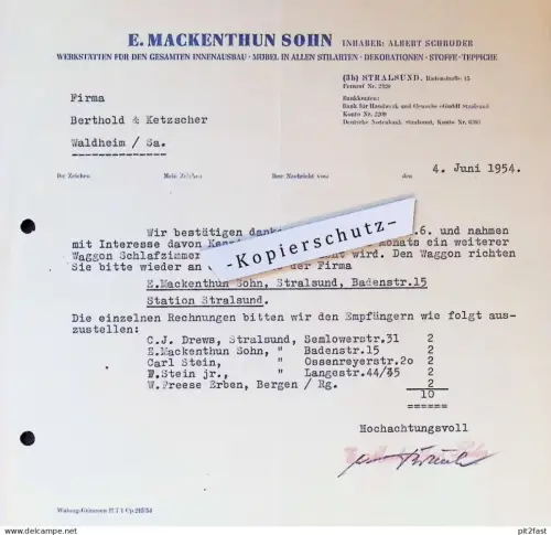 Innenausbau - E. Mackenthun / Albert Schröder in Stralsund , 1954 , altes Dokument / Rechnung !