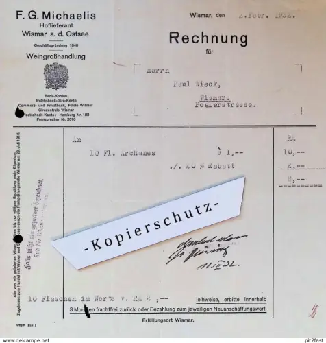 Hoflieferant - Weingroßhandlung - F.G. Michaelis in Wismar a.d. Ostsee , 1932 , Paul Wieck , altes Dokument / Rechnung !