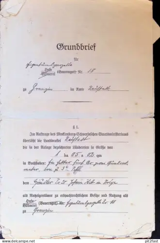 Grundbrief - Johann Witt  in Granzin b. Neustadt i. Mecklenburg , 1925 , Bülow !!!
