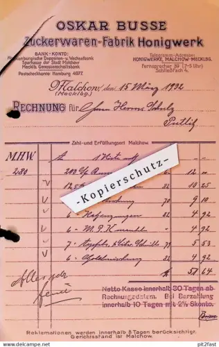 Honigwerk - Oskar Busse in Malchow i. Mecklenburg , 1932 , Schulz in Putlitz , alte Rechnung !!!