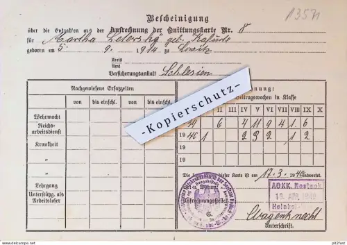 Heinkel - Werke Rostock i. Mecklenburg , 1940 , Bescheinigung , Stempel , Martha Kafurke in Löwitz / Lewice i. Schlesien