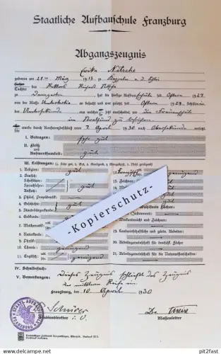 Zeugnis der staatlichen Aufbauschule in Franzburg , 1930 , Erika Nitsche , Mecklenburg , Schule !!!