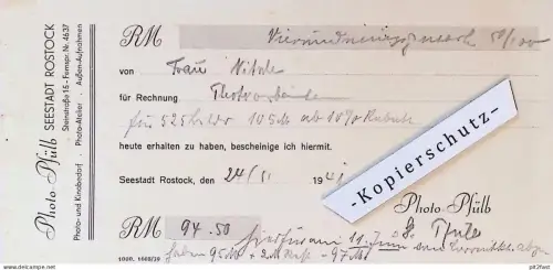 Photo - Pfülb in Rostock i. Mecklenburg , 1941 , alte Quittung , Photograph , Reklame / Werbung !!!