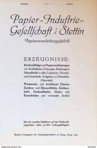 Papier-Industrie- Stettin , ca. 1920 , Papierfabrik Penig i. Sa., Otto Enke in Cottbus , Braunschweig Reklame / Werbung
