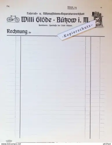 Fahrrad- und Nähmaschinen-Reparatur - Willi Glöde in Bützow i. Mecklenburg ,ca. 1910 ,  altes Dokument / Rechnung !!