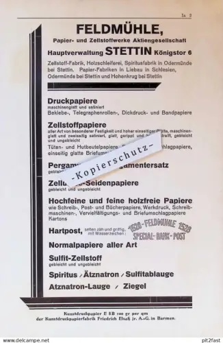 alte Reklame - Feldmühle Stettin , Papierfabrik , Post ,ca. 1935 , R. Berger in Wolkenburg a. Mulde , Offenheim Okriftel