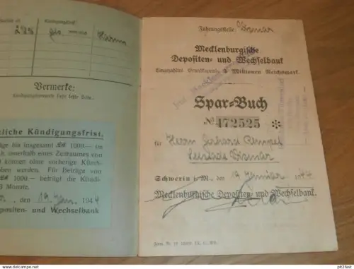 altes Sparbuch Schwerin , 1944 - 28. April 1945 , Gerhard Rempel in Wismar i. Mecklenburg , Sparkasse , Bank