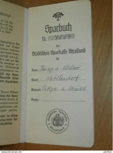 altes Sparbuch Stralsund , 1938 - 1944 , Heinz und Walter Möllendorf in Stolpe i. Mecklenburg , Sparkasse , Bank !!