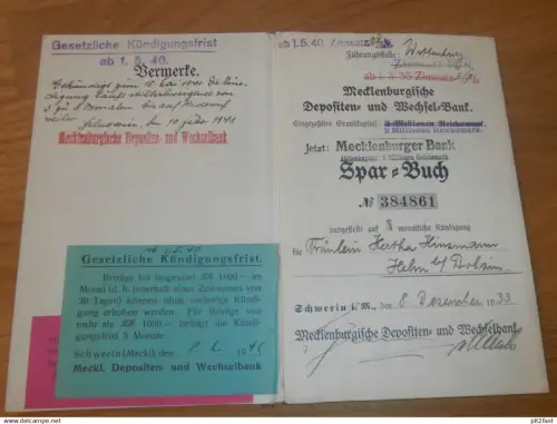 altes Sparbuch Wittenburg , 1933 - 1943 , Hertha Hinzmann in Helm b. Bobzin , Mecklenburg , Sparkasse , Bank