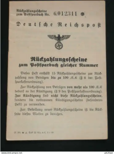 Deutsche Reichspost , 1939 , Bank , Sparbuch , Post !!