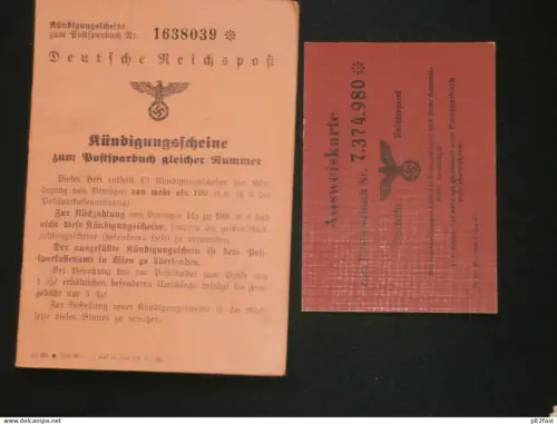 Deutsche Reichspost , 1939 , Kündigungsscheine mit Ausweis zum Sparbuch , Post !!