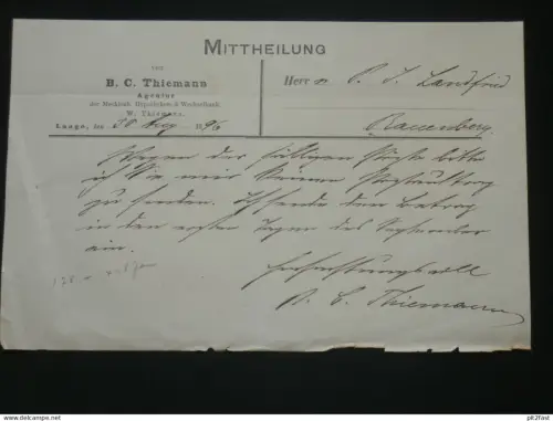 Agentur - B.C. Thiemann in Laage i. Mecklenburg , 1896 , P.J. Landfried in Bauernberg , altes Dokument !!