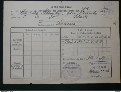 Heinkel - Werke Rostock i. Mecklenburg , 1939 , Bescheinigung , Stempel , Martha Kafurke in Löwitz / Lewice i. Schlesien