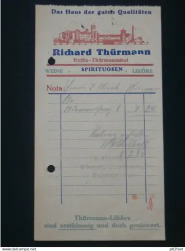 Spirituosen - Richard Thürmann in Stettin Thürmannshof , 1931 , alte Rechnung , Reklame , Werbung !!