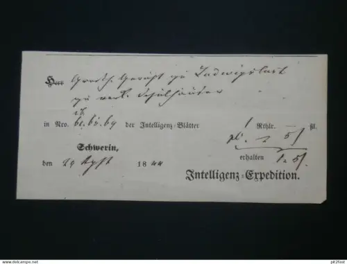 Intelligenz-Expedition , 1844, alter Beleg - Schwerin i. Mecklenburg an Adel in Ludwigslust , Quittung !!