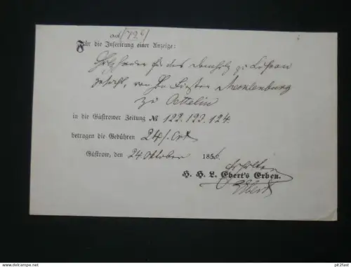 Güstrower Zeitung , 1857 , H. Ebert`s Erben , Lüssow - Oettelin ,Inserierung , Quittung , Beleg , Güstrow i. Mecklenburg