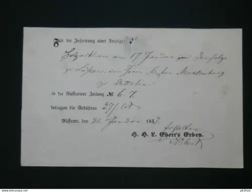 Güstrower Zeitung , 1857 , H. Ebert`s Erben , Lüssow - Oettelin ,Inserierung , Quittung , Beleg , Güstrow i. Mecklenburg