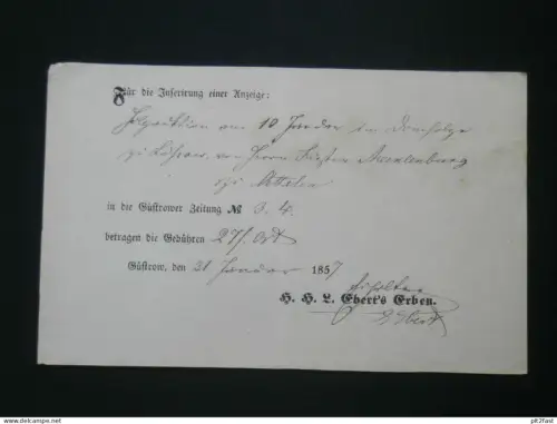 Güstrower Zeitung , 1857 , H. Ebert`s Erben , Lüssow - Oettelin ,Inserierung , Quittung , Beleg , Güstrow i. Mecklenburg