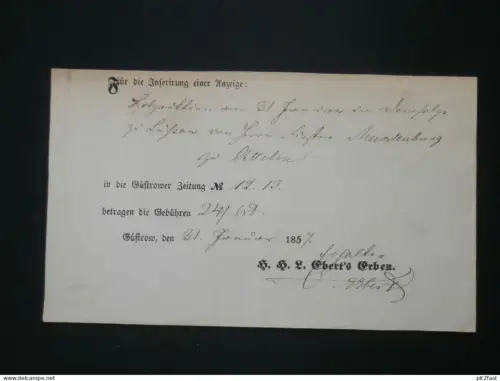 Güstrower Zeitung , 1857 , H. Ebert`s Erben , Lüssow - Oettelin ,Inserierung , Quittung , Beleg , Güstrow i. Mecklenburg