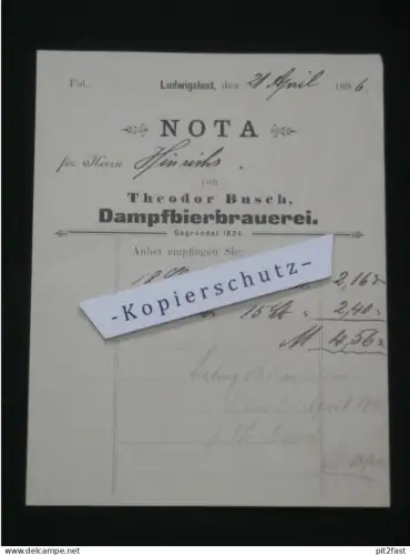 Dampfbierbrauerei - Theodor Busch in Ludwigslust  i. Mecklenburg , 1896 , Brauerei , Bier  altes Dokument / Rechnung !!!