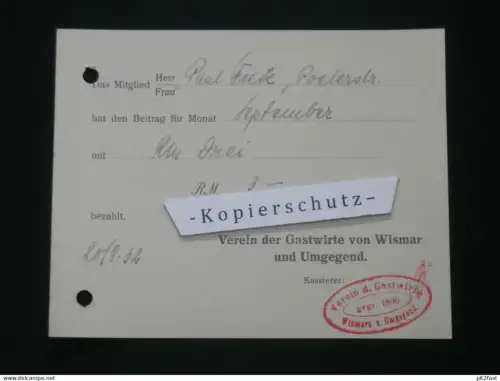 Verein der Gastwirte von Wismar und Umgebung i. Mecklenburg , 1932 , Stempel !! altes Dokument / Rechnung !!!