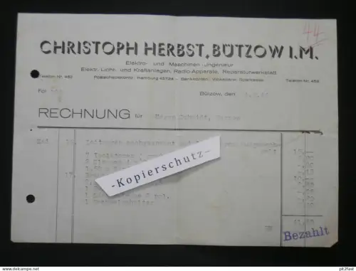 Elektr. Licht und Kraftanlagen - Christoph Herbst in Bützow i. Mecklenburg , 1946 , altes Dokument / Rechnung !!!