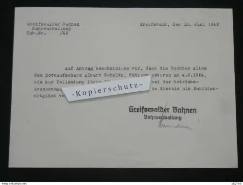 Greifswalder Bahnen i. Mecklenburg , 1942 , Rottenaufseher Albert Schultz in Gützkow , Eisenbahn , Greifswald , Stempel