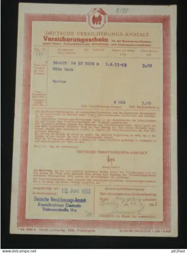 Versicherungsschein - Otto Sack in Bartow b. Jarmen i. Mecklenburg , 1953 , Versicherung Demmin  !!