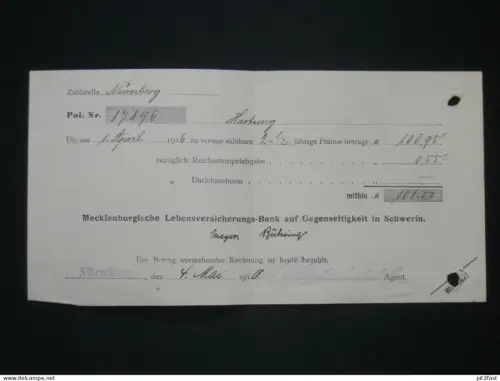 Mecklenburgische Lebensversicherung in Schwerin - 1916 - Beleg v. Hartung i. Nürnberg , Versicherung !!