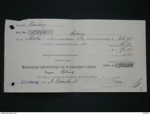 Mecklenburgische Lebensversicherung in Schwerin - 1916 - Beleg v. Hartung i. Nürnberg , Versicherung !!