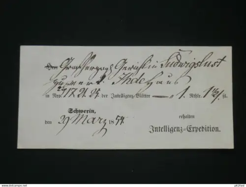 Intelligenz-Expedition , 1854 , alter Beleg - Schwerin i. Mecklenburg an Adel in Ludwigslust , Quittung !!