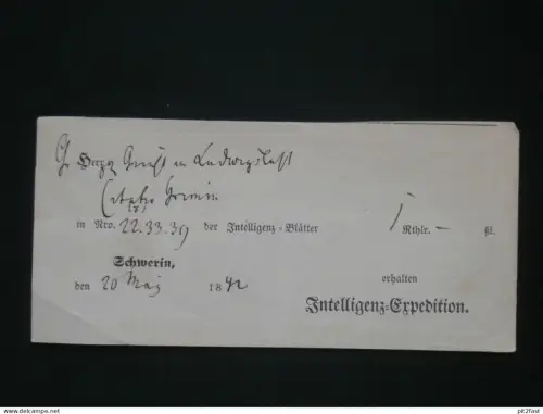 Intelligenz-Expedition , 1842 , alter Beleg - Schwerin i. Mecklenburg an Adel in Ludwigslust , Quittung !!