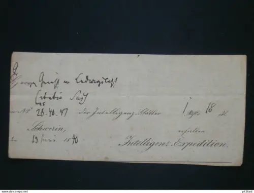 Intelligenz-Expedition , 1840 , alter Beleg - Schwerin i. Mecklenburg an Adel in Ludwigslust , Quittung !!