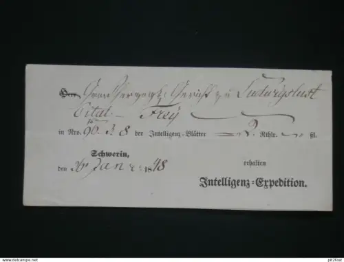 Intelligenz-Expedition , 1848 , alter Beleg - Schwerin i. Mecklenburg an Adel in Ludwigslust , Quittung !!